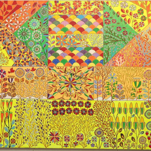 A square, highly detailed, hand-drawn folk art quilt design featuring a patchwork of colorful floral, geometric, and botanical patterns in yellow, orange, green, red, and blue.